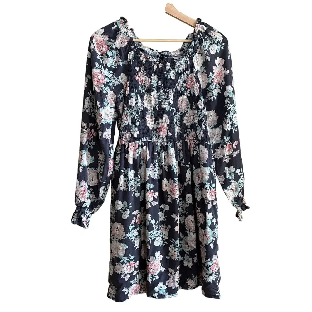 art class smocked long sleeved floral gray pink dress kids size XL (14-16)